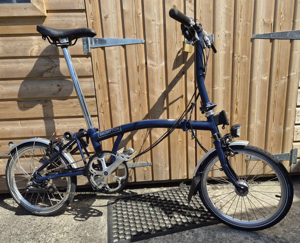 Brompton 16in Folding Bike Blue with Silver Mudguards Headlight Rear Light