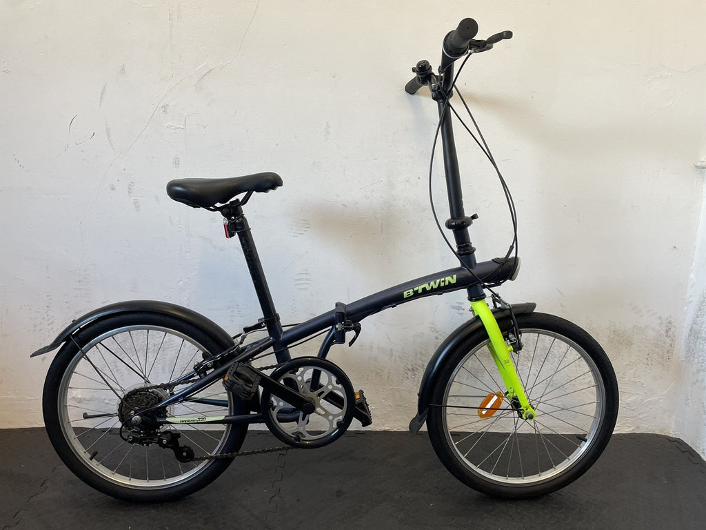B Twin Tilt 120 Folding Bike 20 Inch Wheels. 6 Speed Matt Navy And Neon.