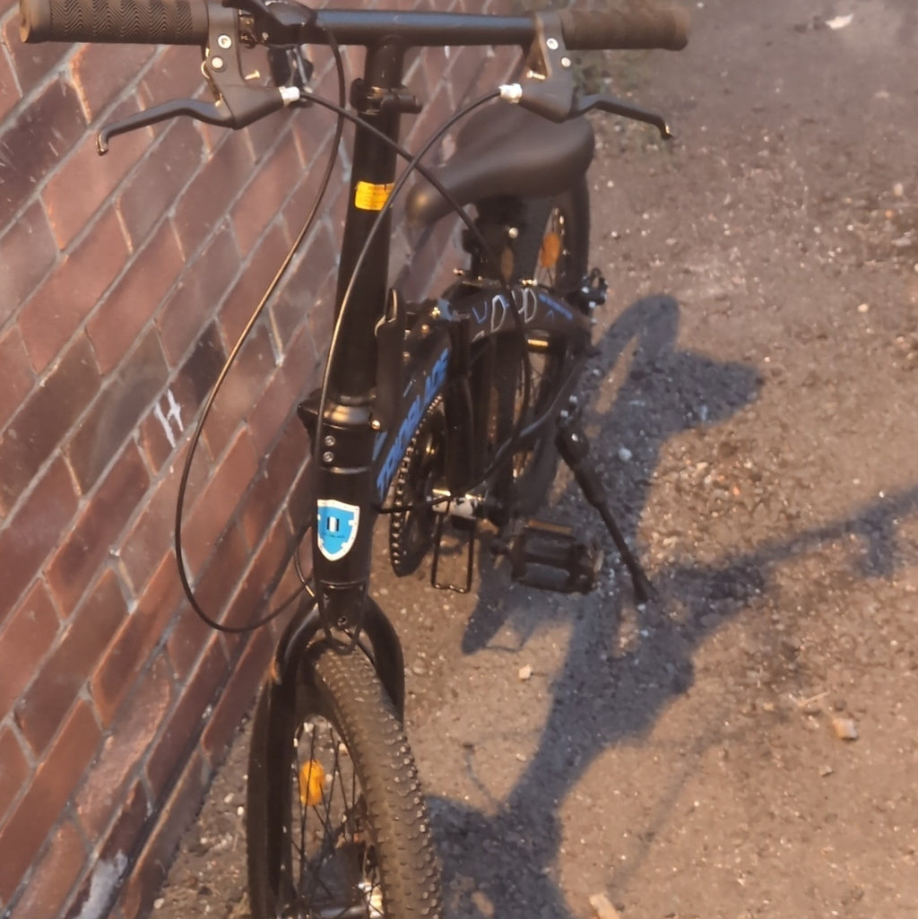 TRIOBLADE 20in Folding Bike Black/Blue 6-Speed Mechanical Disc Brake, Stand
