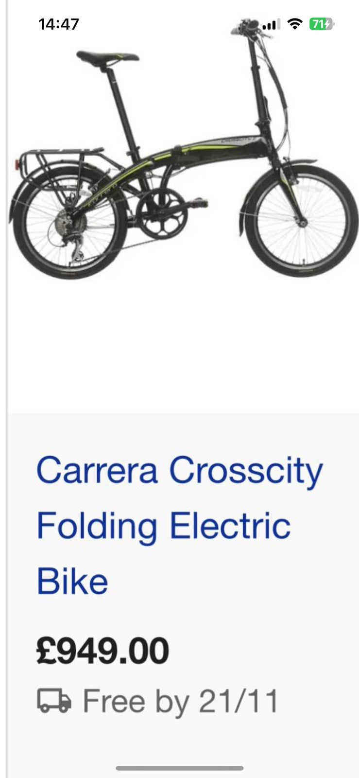 CARRERA CROSSCITY E FOLDING BIKE HARDLY USED IN EXCELLENT CONDITION