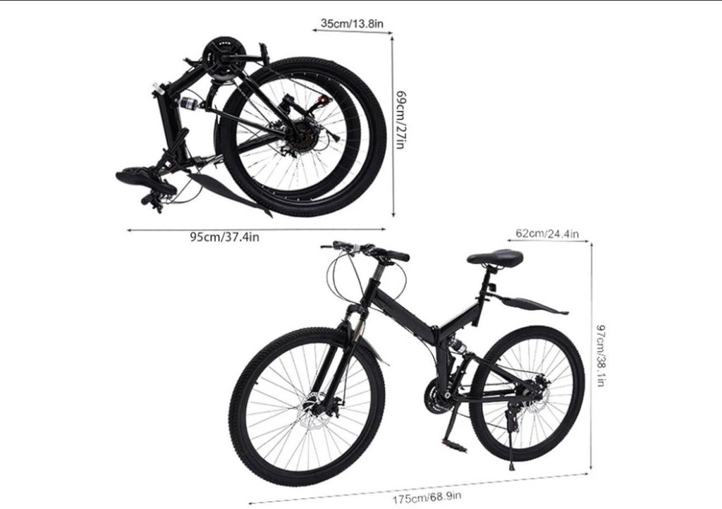 26in Folding Mountain Bike Black 21-Speed Derailleur Disc Brakes Full Suspension