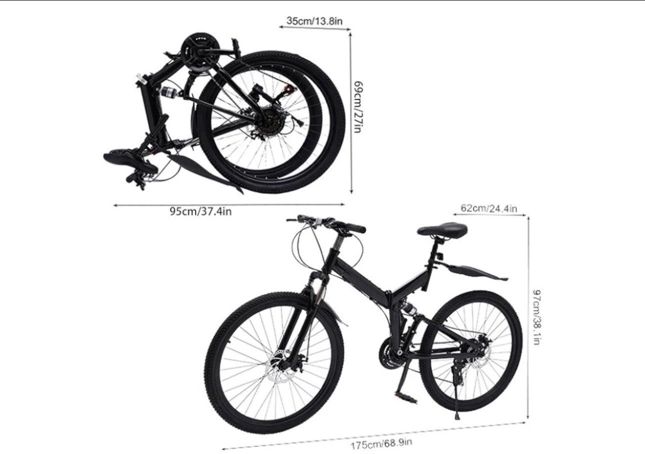26in Folding Mountain Bike Black 21-Speed Derailleur Disc Brakes Full Suspension