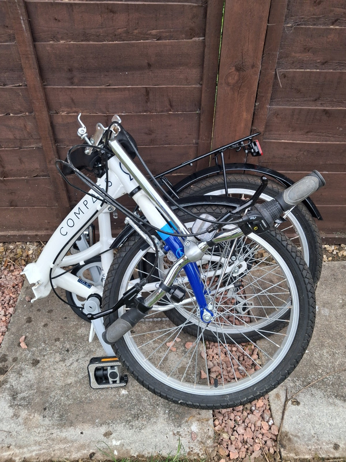 Compass Folding Bikes 20" Blue White 6 Speed Shimano V-Brake Mudguards Rack