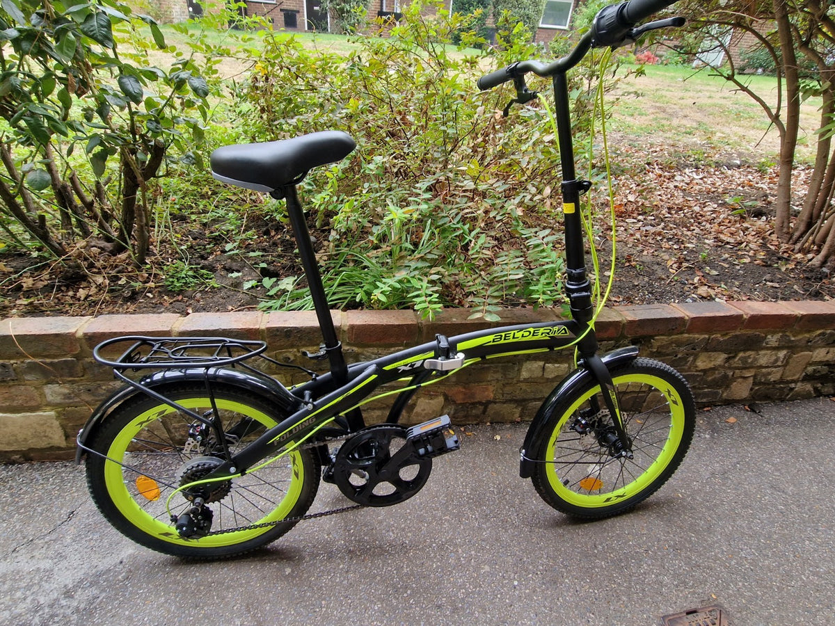 BELDERIA X7 20in Folding Bike Black/Green Disc Brakes Rear Rack Mudguards