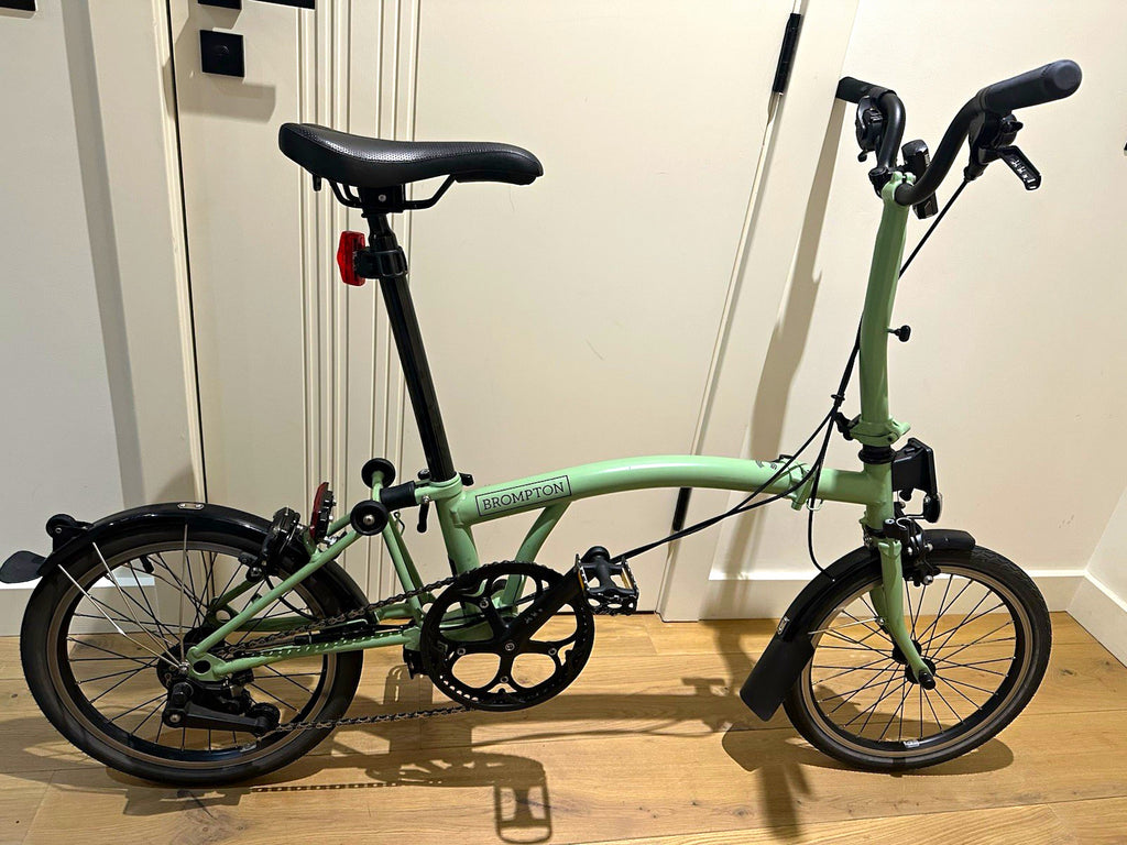 Brompton Folding Bike 16in Green, Mudguards, Derailleur Gears, Rim Brakes
