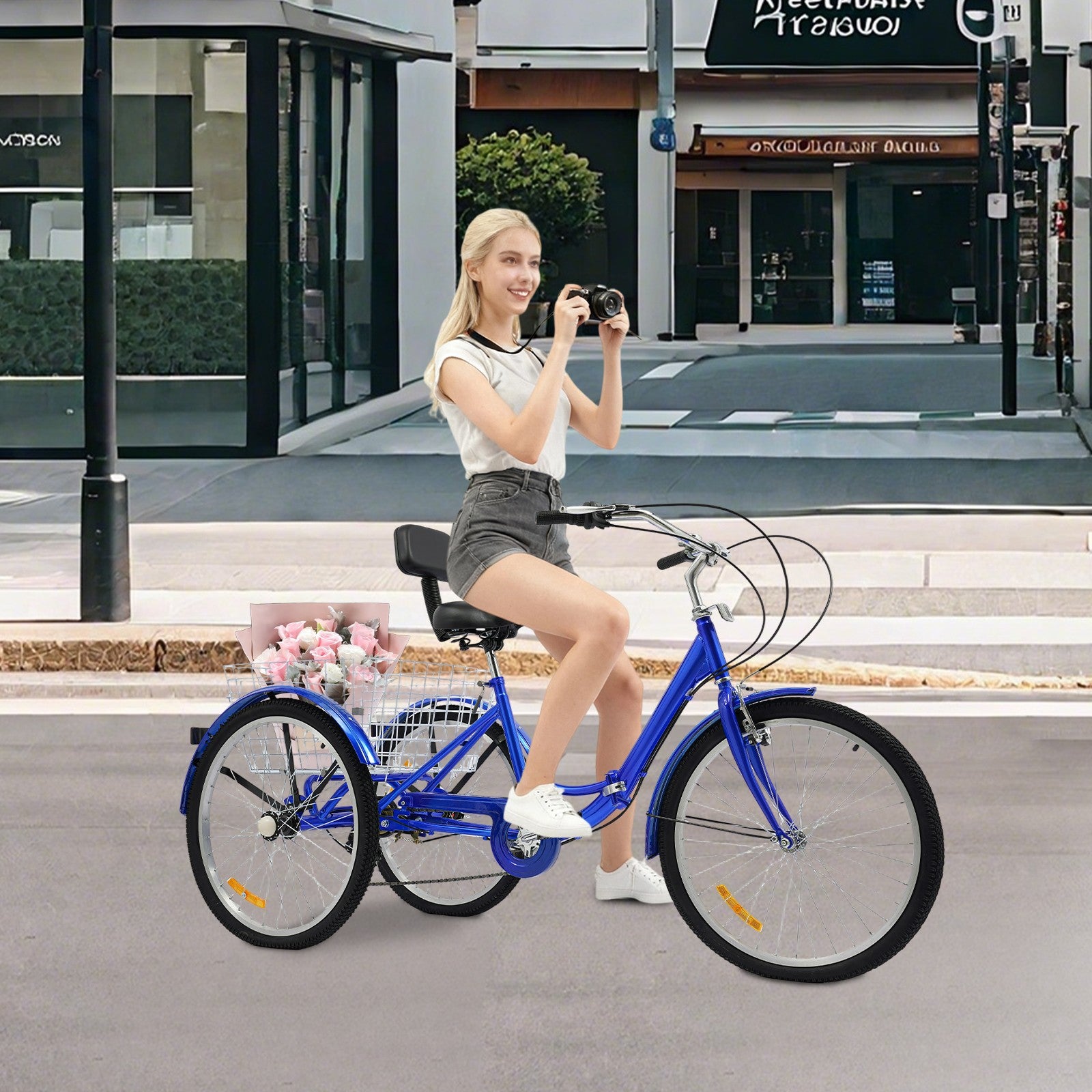 24 Inch Folding Adult Tricycle Trike Bike 7-Speeds 3-Wheel Bicycle & Back Basket
