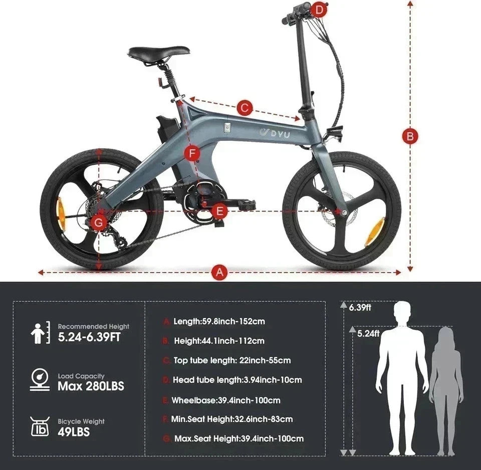 DYU T1 20" Folding E - Bike 250-W 36-V 10/Ah Battery 60KM Range City E- Bike