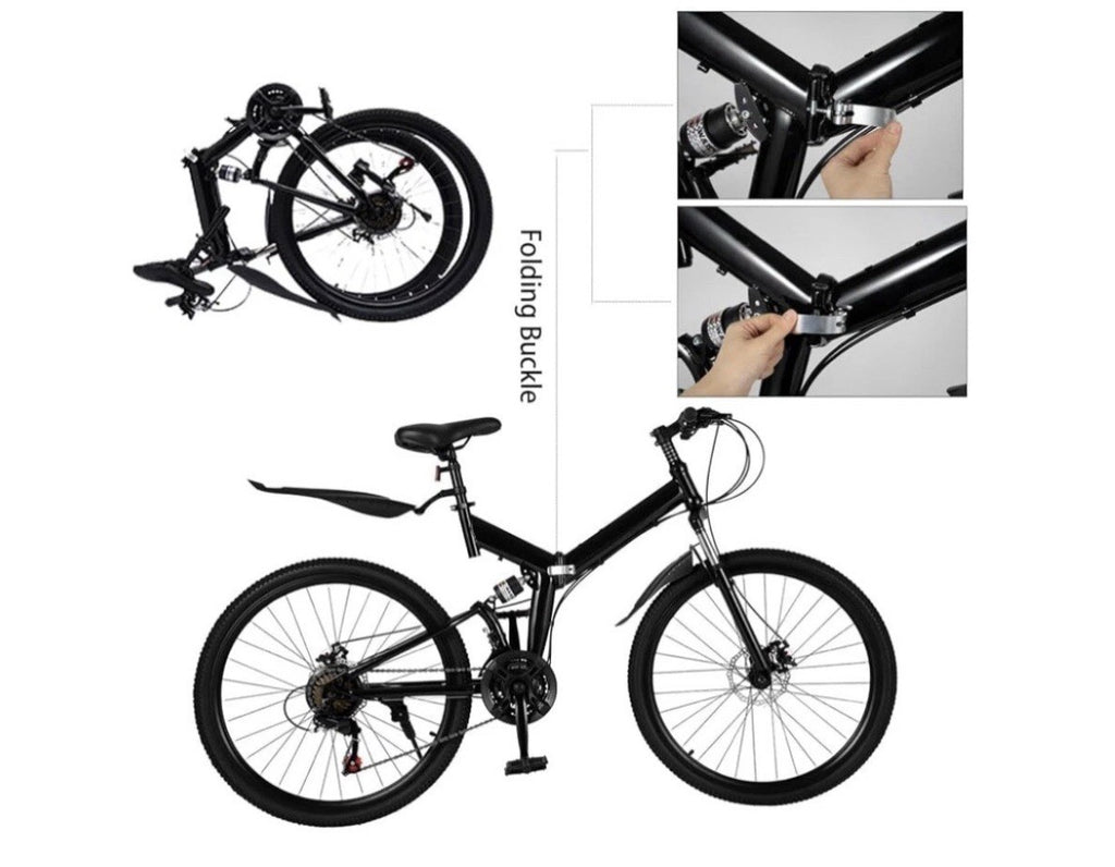 26in Folding Mountain Bike Black 21-Speed Derailleur Disc Brakes Full Suspension