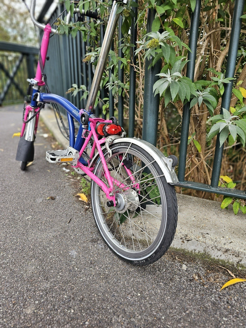 Brompton  c line 2012 Folding Bike 16 in M Frame Blue/Pink Mudguards lights