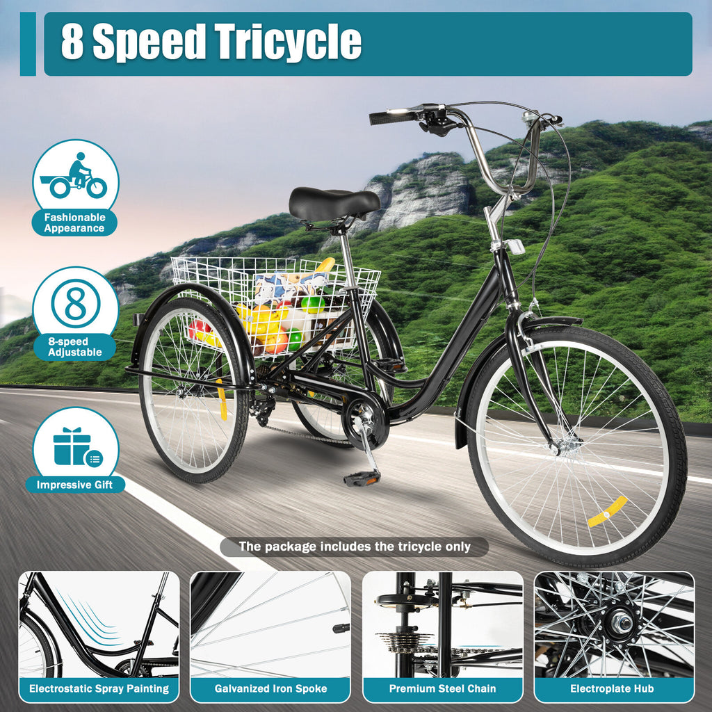 24 Inch Adult Tricycle Bike 8 Speed Trike 3-Wheel Bicycle w/Folding Back &Basket
