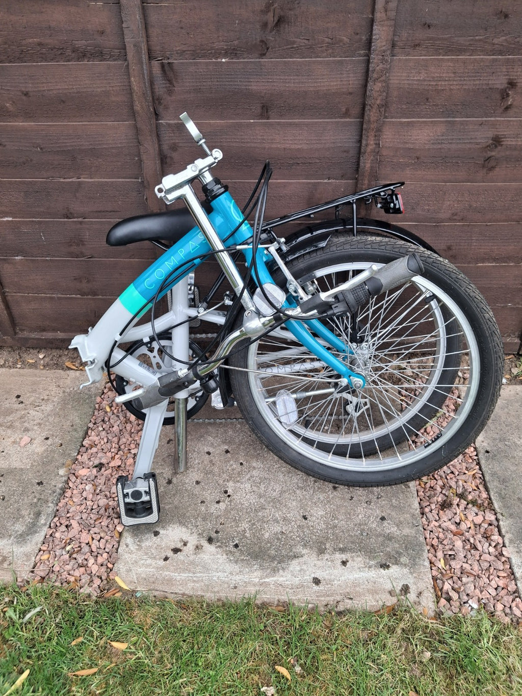 Compass Folding Bikes 20" Blue White 6 Speed Shimano V-Brake Mudguards Rack