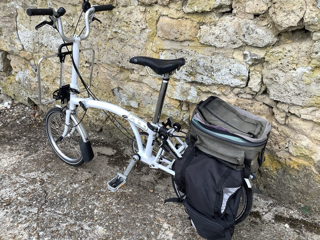 Brompton M3R Folding Bike - White + Panniers, Rack Bag, Front Frame -UK DELIVERY