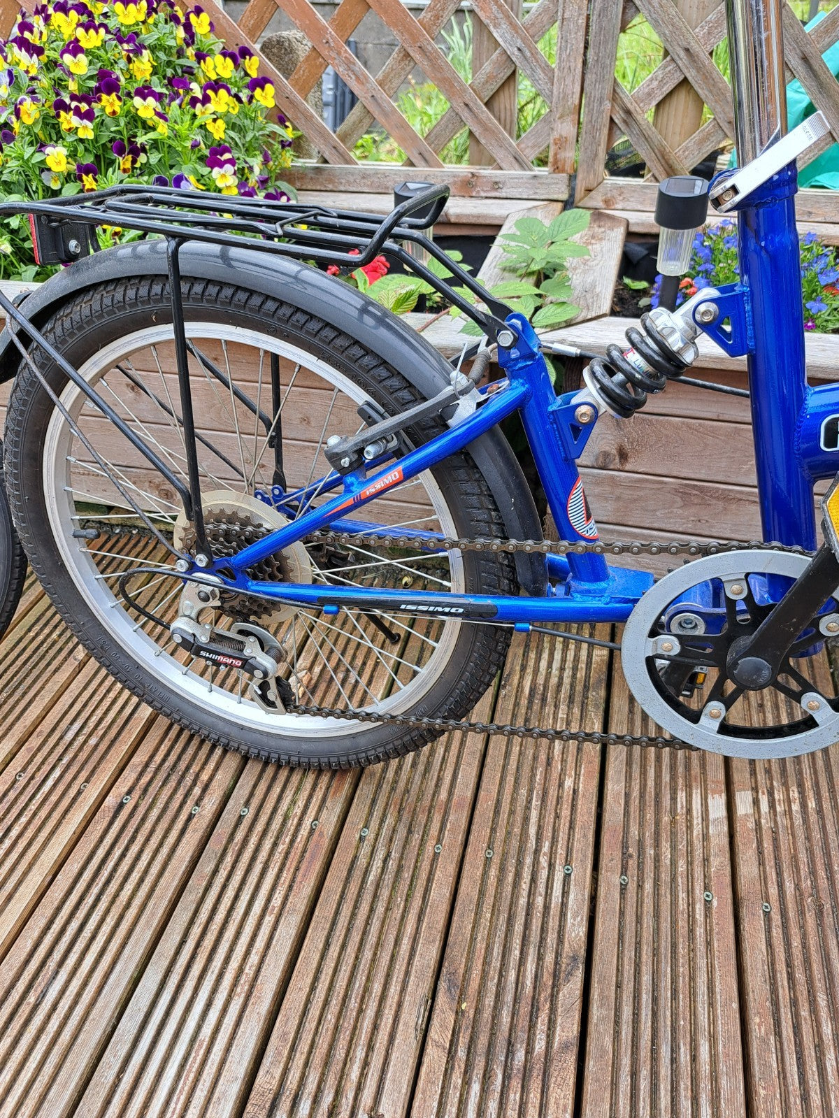 folding bike, blue 5 speed with parcel rack, 29" wheels, good condition.