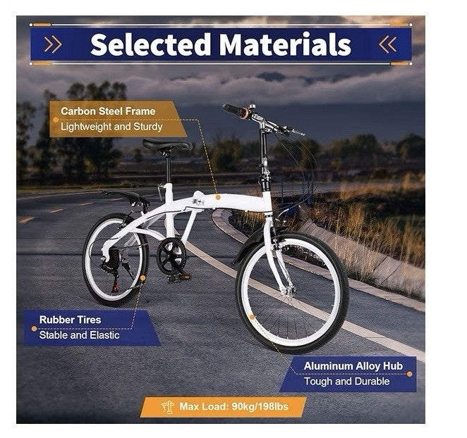 White Folding Bike Foldable City Bike for Adult 20" Commute Bicycle 6 Speed Gear