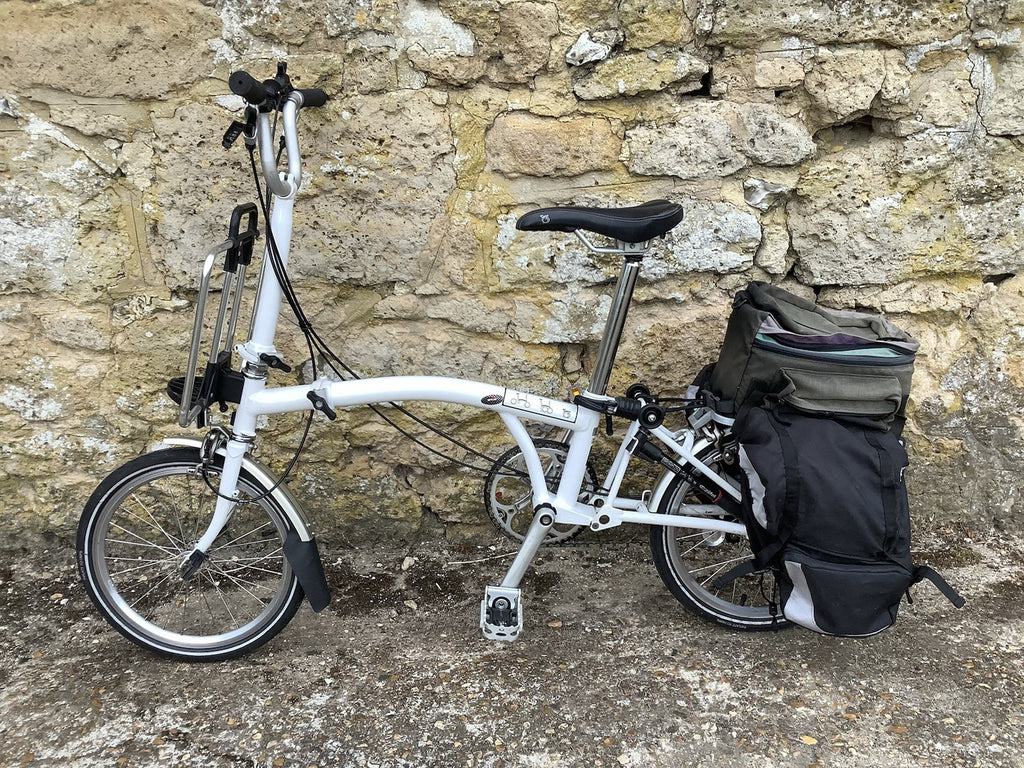 Brompton M3R Folding Bike - White + Panniers, Rack Bag, Front Frame -UK DELIVERY