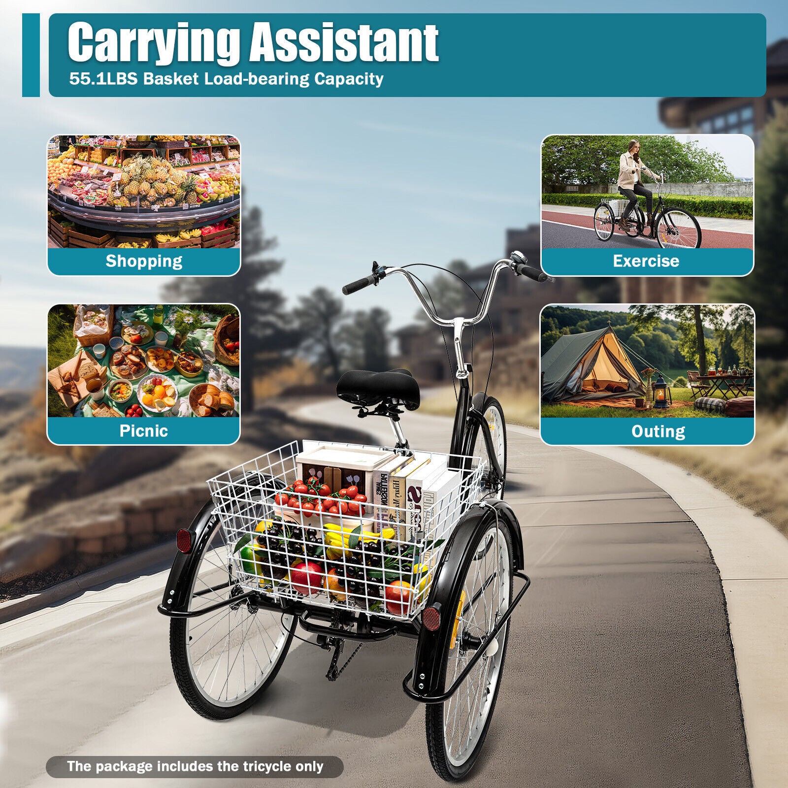 24 Inch Adult Tricycle Bike 8 Speed Trike 3-Wheel Bicycle w/Folding Back &Basket
