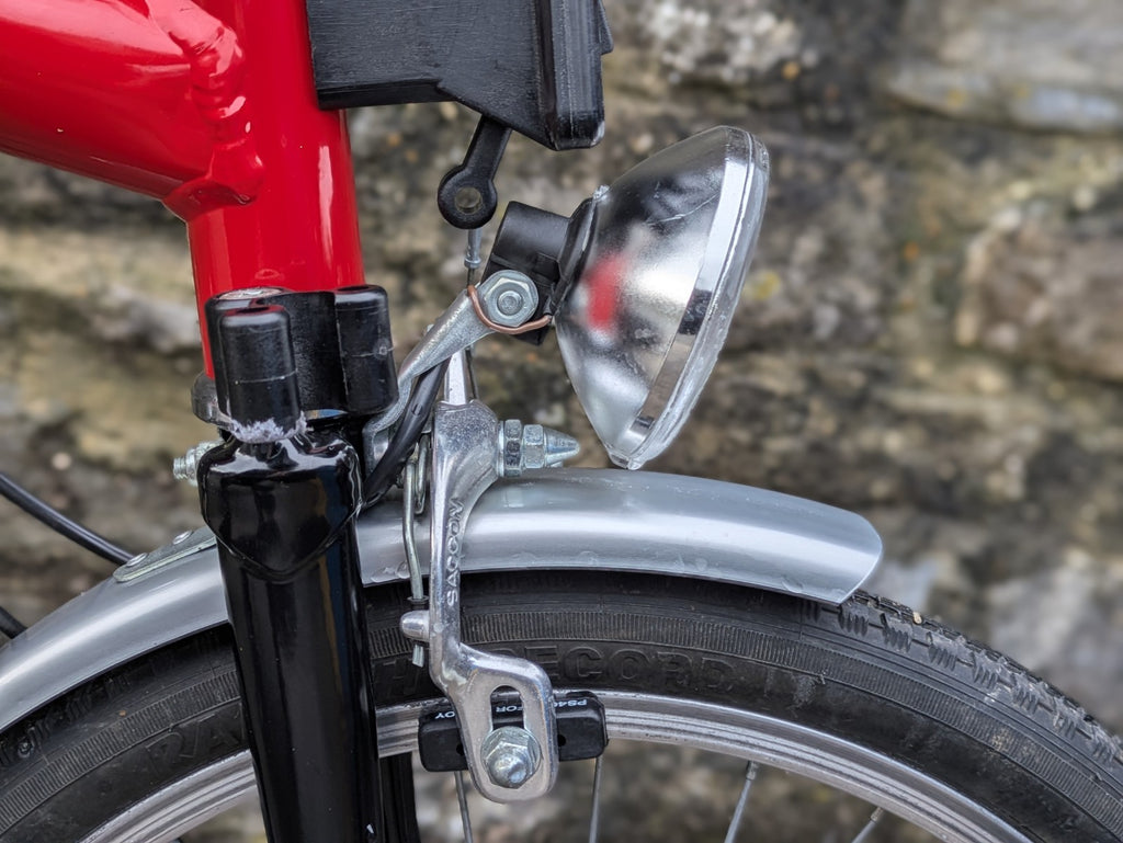 Brompton Folding Bike 6-Speed, Red, Brooks Saddle, Dynamo Lights, Back Rack