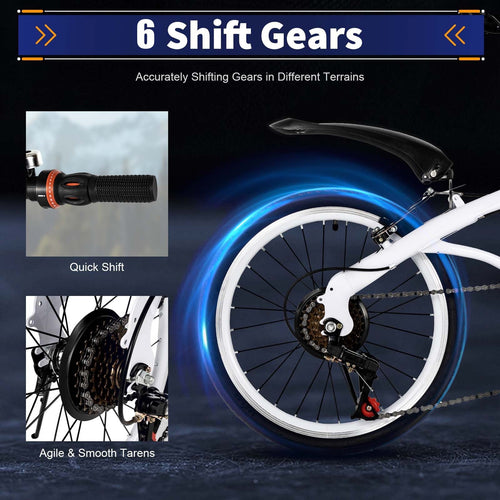 20 inch Unisex Folding Bike Adult Kids City Bike 6 Speeds Bicycle White