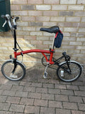 Brompton Folding Bike 16in Wheels Red/Black/Silver Mudguards Bell,lights,3 speed