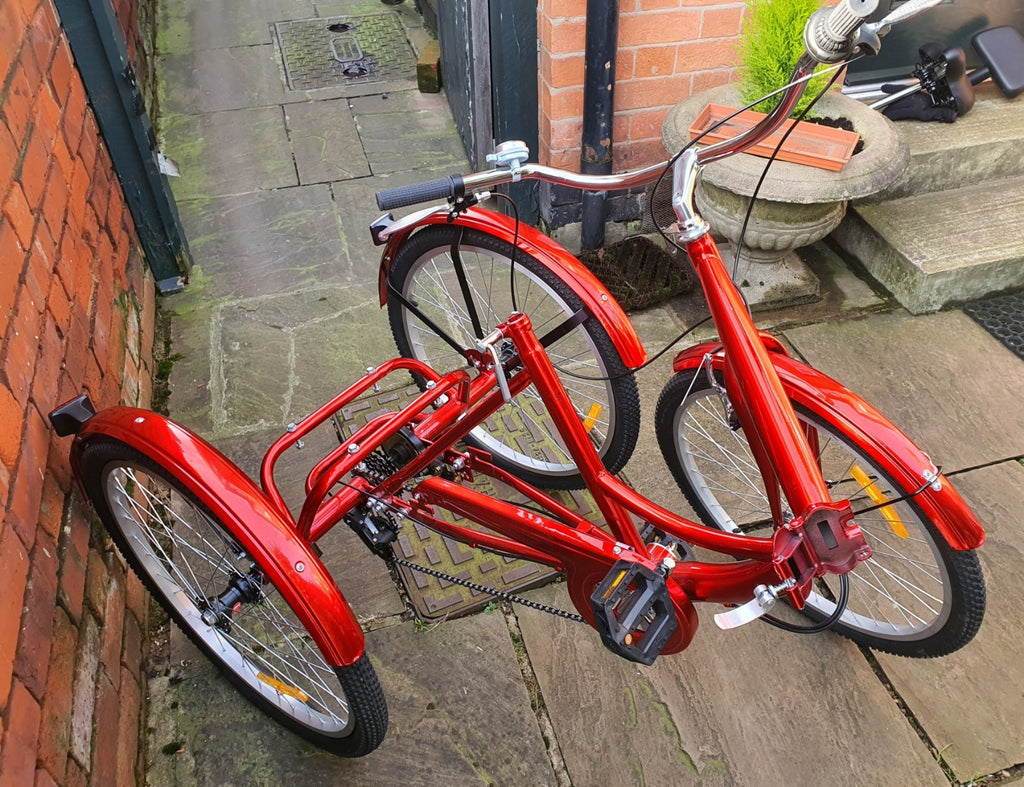 Brand NEW NEVER RIDDEN Adult RED Folding Tricycle. Basket & 7 Derailleur Gears.