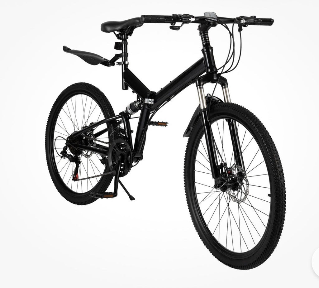 Black 26in Folding Full Suspension Bike 21-Speed Mechanical Disc, Mudguards
