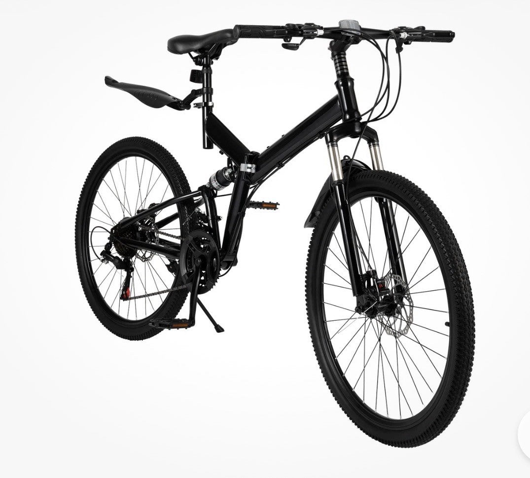 Black 26in Folding Full Suspension Bike 21-Speed Mechanical Disc, Mudguards