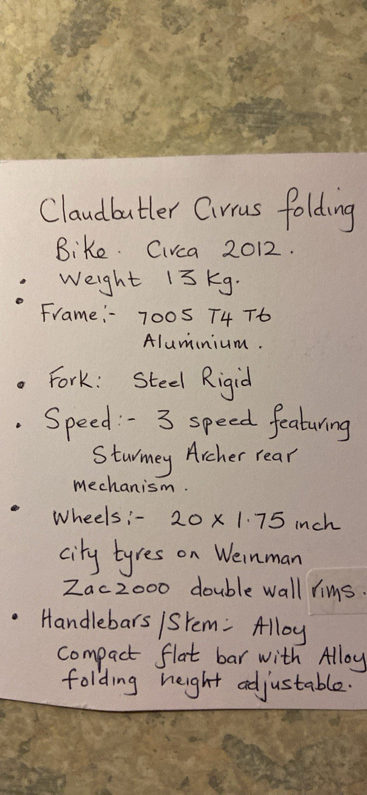 Claudebutler Cirrus folding Bike. Excellent condition. Circa 2012