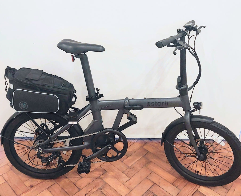 Estarli E20 Pro Folding Bike with Rear Rack 20 Inch Wheels In Storm Grey & Black