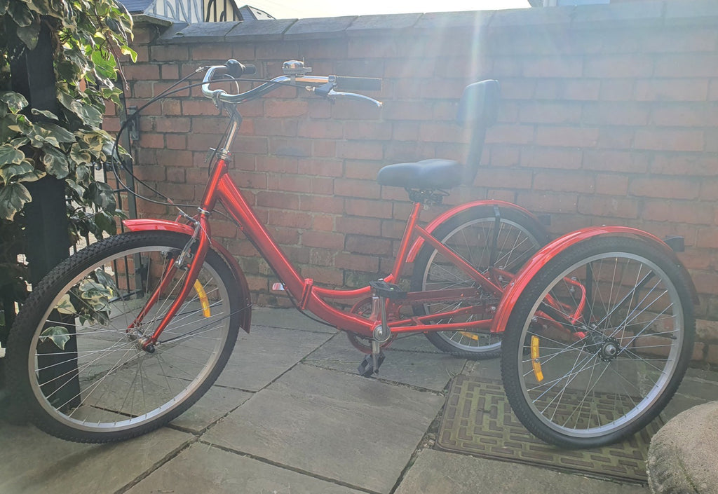Brand NEW NEVER RIDDEN Adult RED Folding Tricycle. Basket & 7 Derailleur Gears.