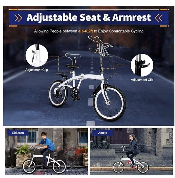 White Folding Bike Foldable City Bike for Adult 20" Commute Bicycle 6 Speed Gear