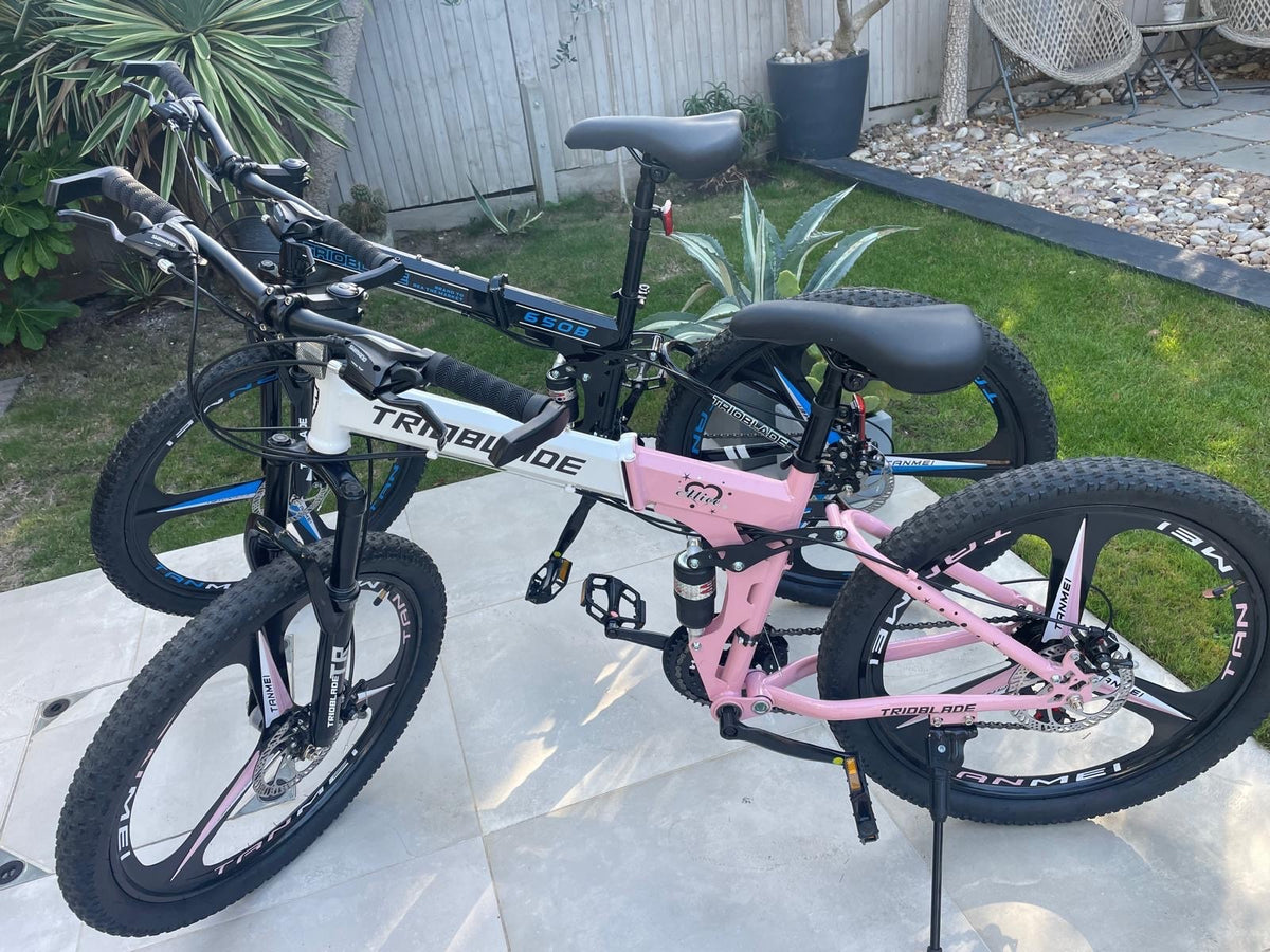 male and female folding mountain bikes - dual susp, disc brakes, multispeed