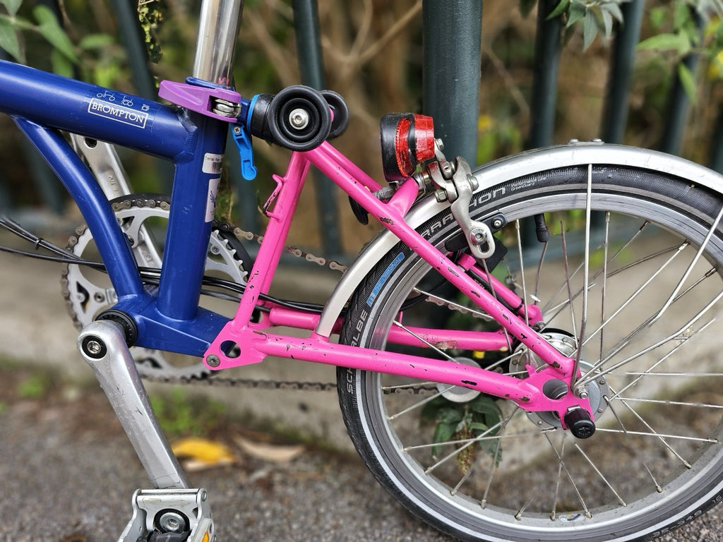 Brompton  c line 2012 Folding Bike 16 in M Frame Blue/Pink Mudguards lights
