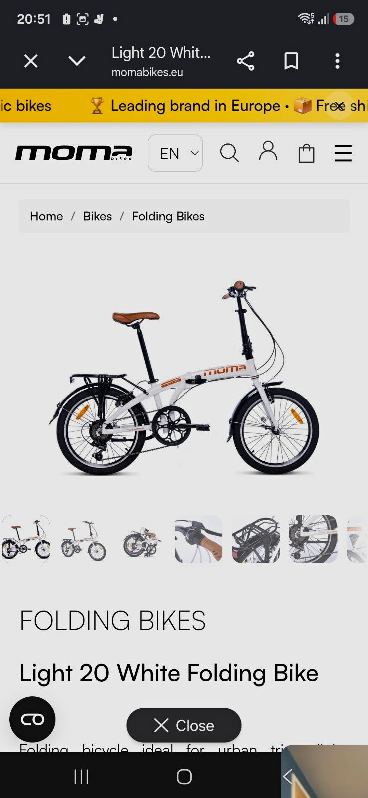 Moma Light 20 White Folding Bike 20in V-Brake Mudguards Reflectors