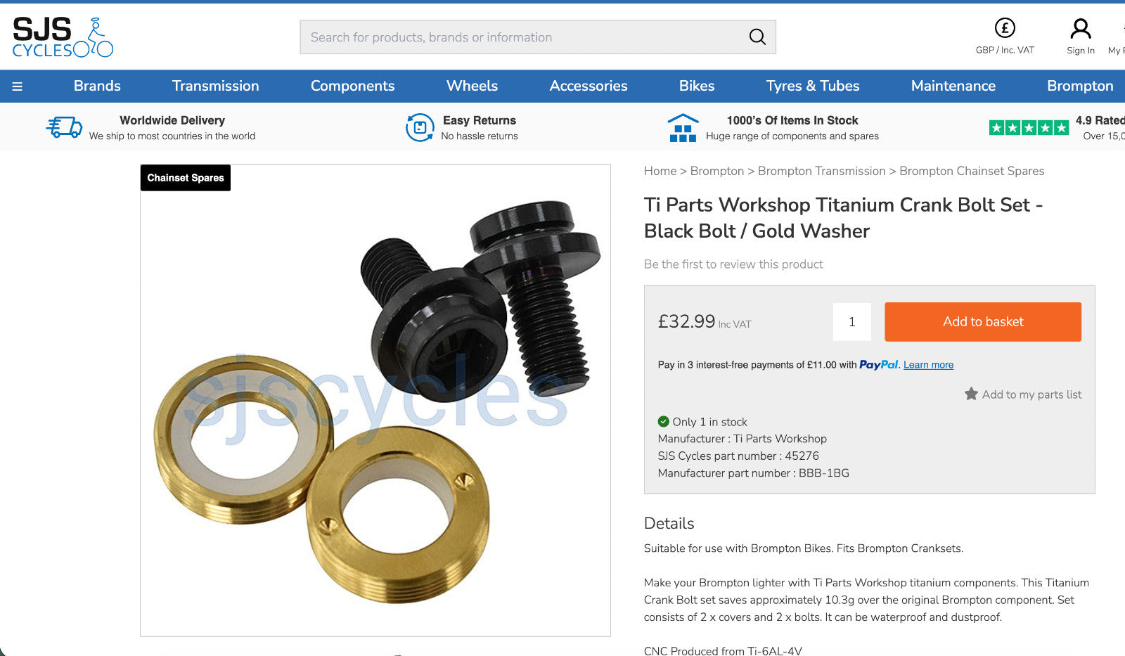 Brompton Ti Parts Workshop Titanium Crank Bolt Set Gold Bolt/ Gold Washer