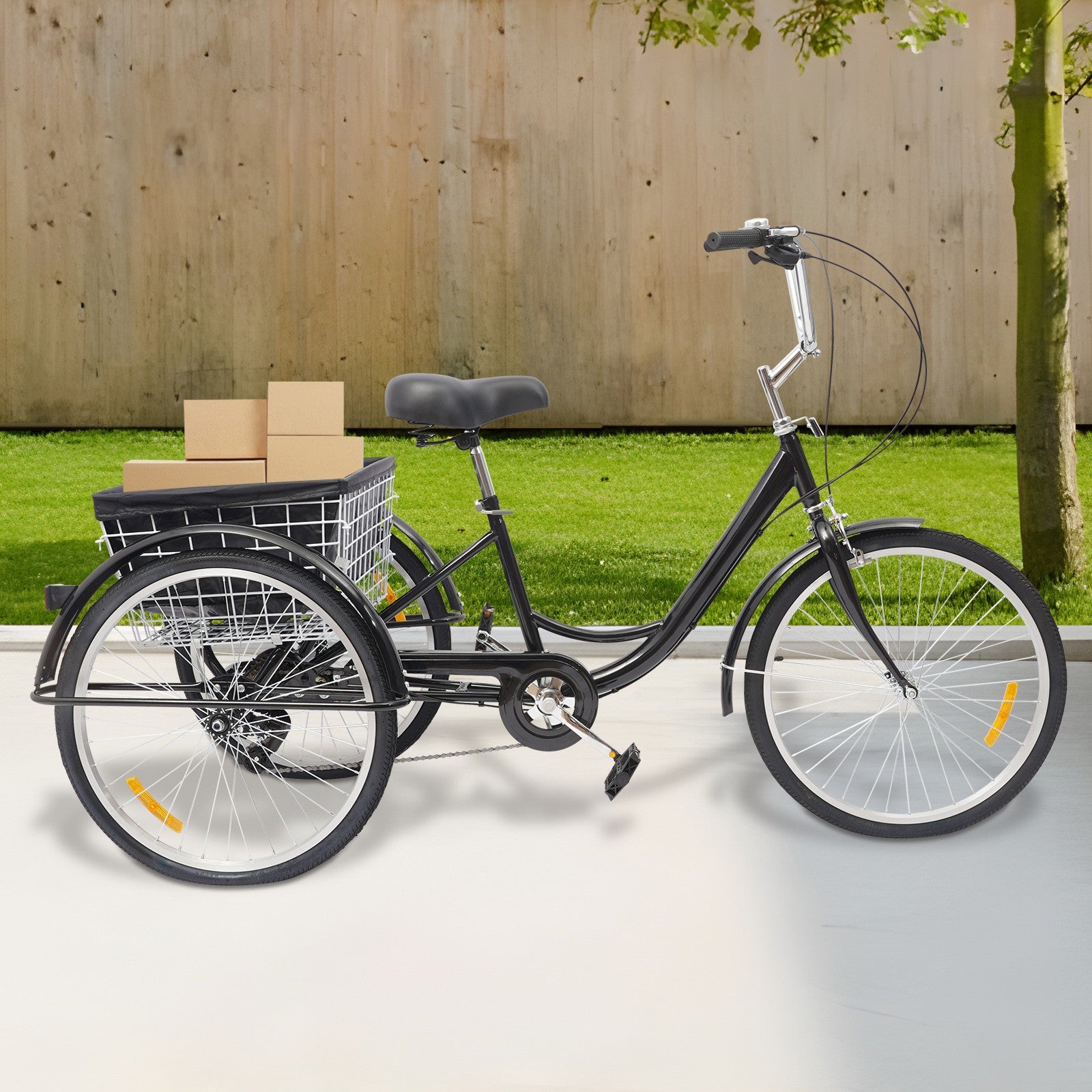 24 Inch Adult Tricycle Trike Bike 8-Speeds 3-Wheel Bicycle & Folding Back Basket