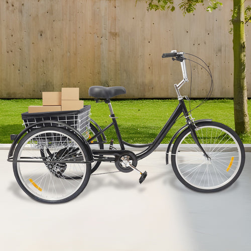 24 Inch Adult Tricycle Trike Bike 8-Speeds 3-Wheel Bicycle & Folding Back Basket