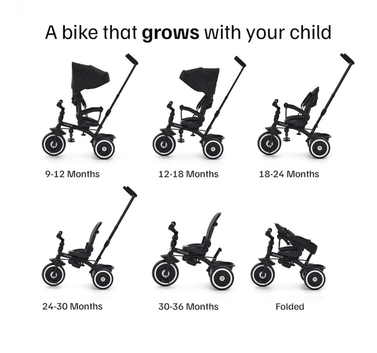 Puggle Easy Twist 6-in-1 Folding Trike with Parent Handle - Black (9M - 5Y)