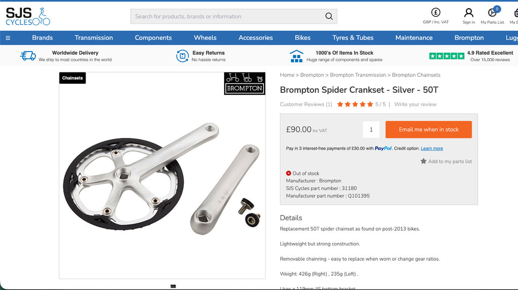Brompton Folding Bike  Spider Crankset Crank 50T Silver Free Postage