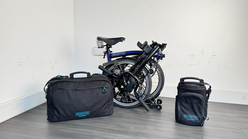 Brompton C-Line Electric 6 Speed Bolt Blue Lacquer Pannier bag Brooks saddle