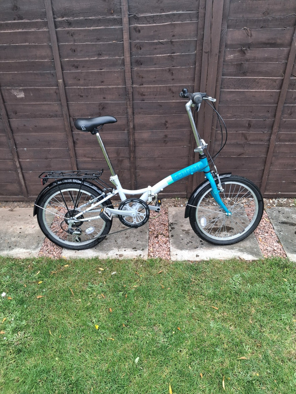 Compass Folding Bikes 20" Blue White 6 Speed Shimano V-Brake Mudguards Rack
