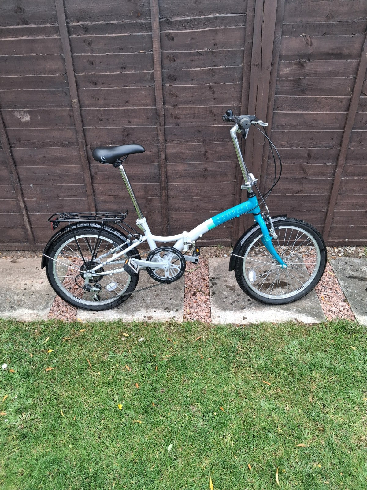 Compass Folding Bikes 20" Blue White 6 Speed Shimano V-Brake Mudguards Rack