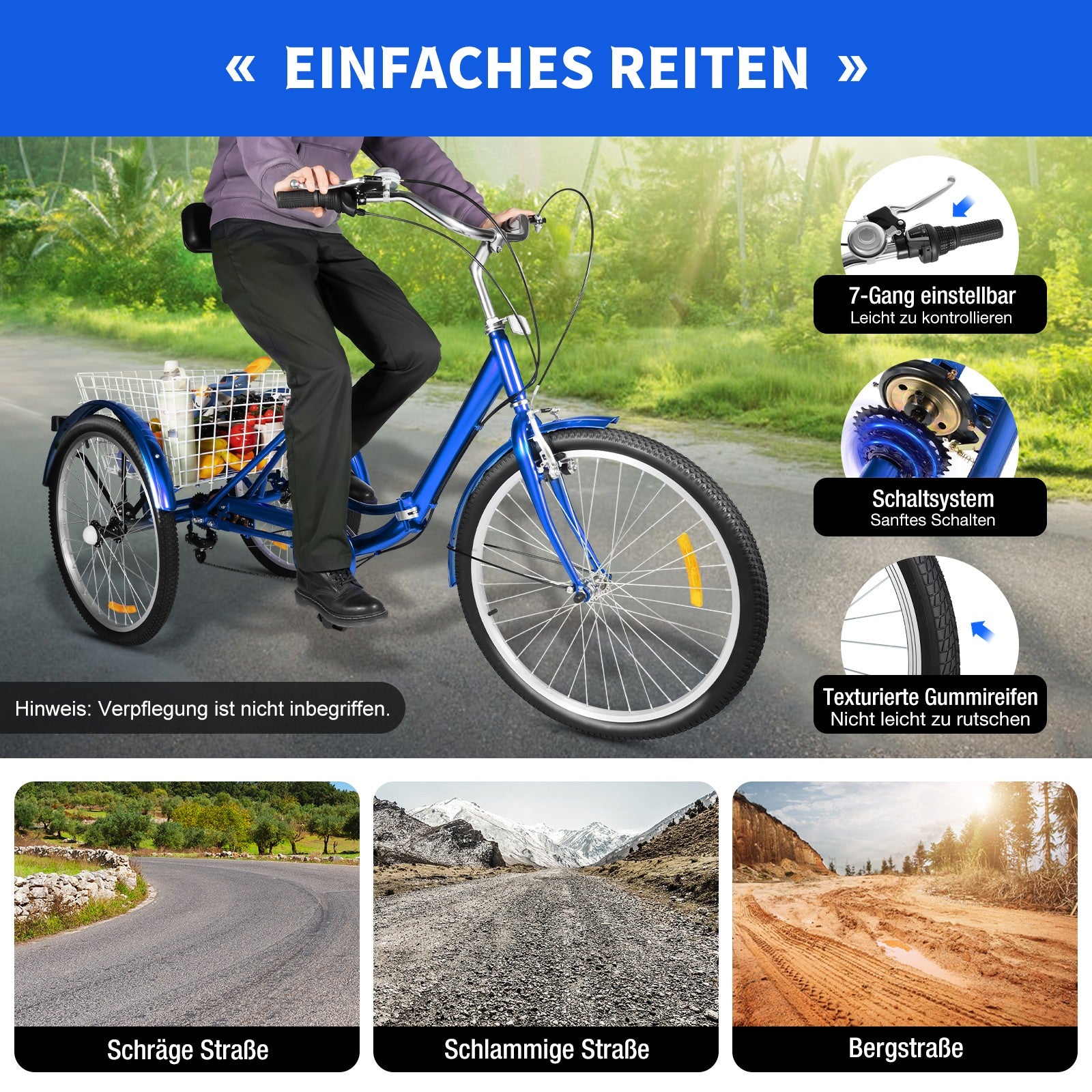 24in Blue Folding Adjustment Height Tricycle for 5.25-5.9ft Adults