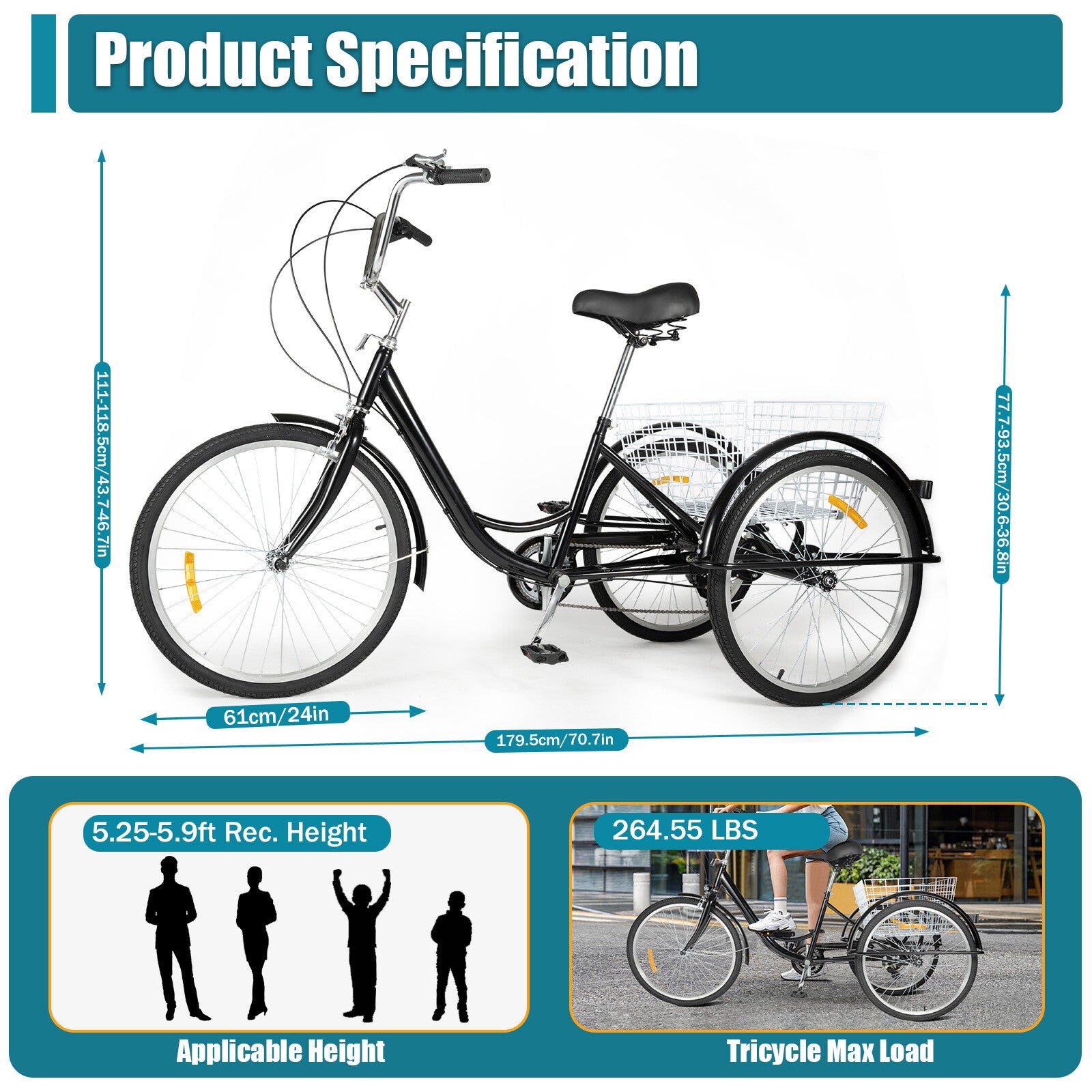 24 Inch Adult Tricycle Trike Bike 8-Speeds 3-Wheel Bicycle & Folding Back Basket
