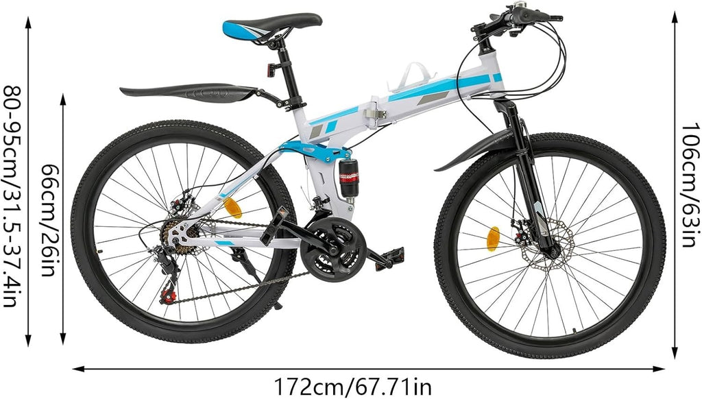 26" Folding Mountain Bike 21 Speed Dual Disc Full Suspension Trail MTB
