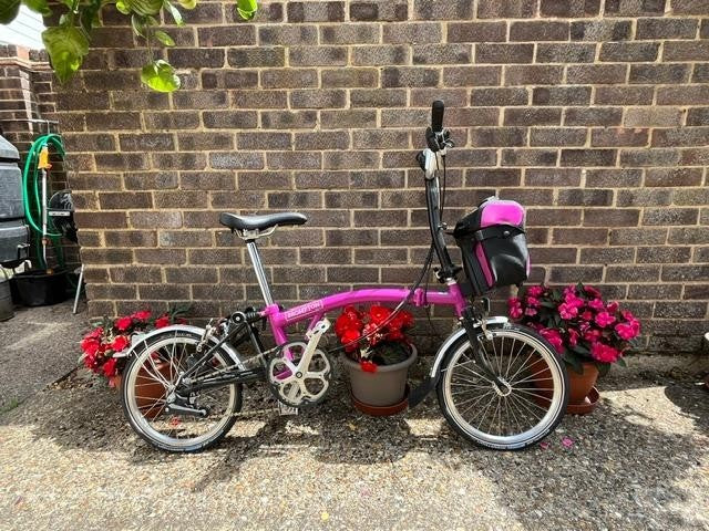 Hot Pink Vintage Brompton Folding Bike with Carry Bag on wheels Excellent
