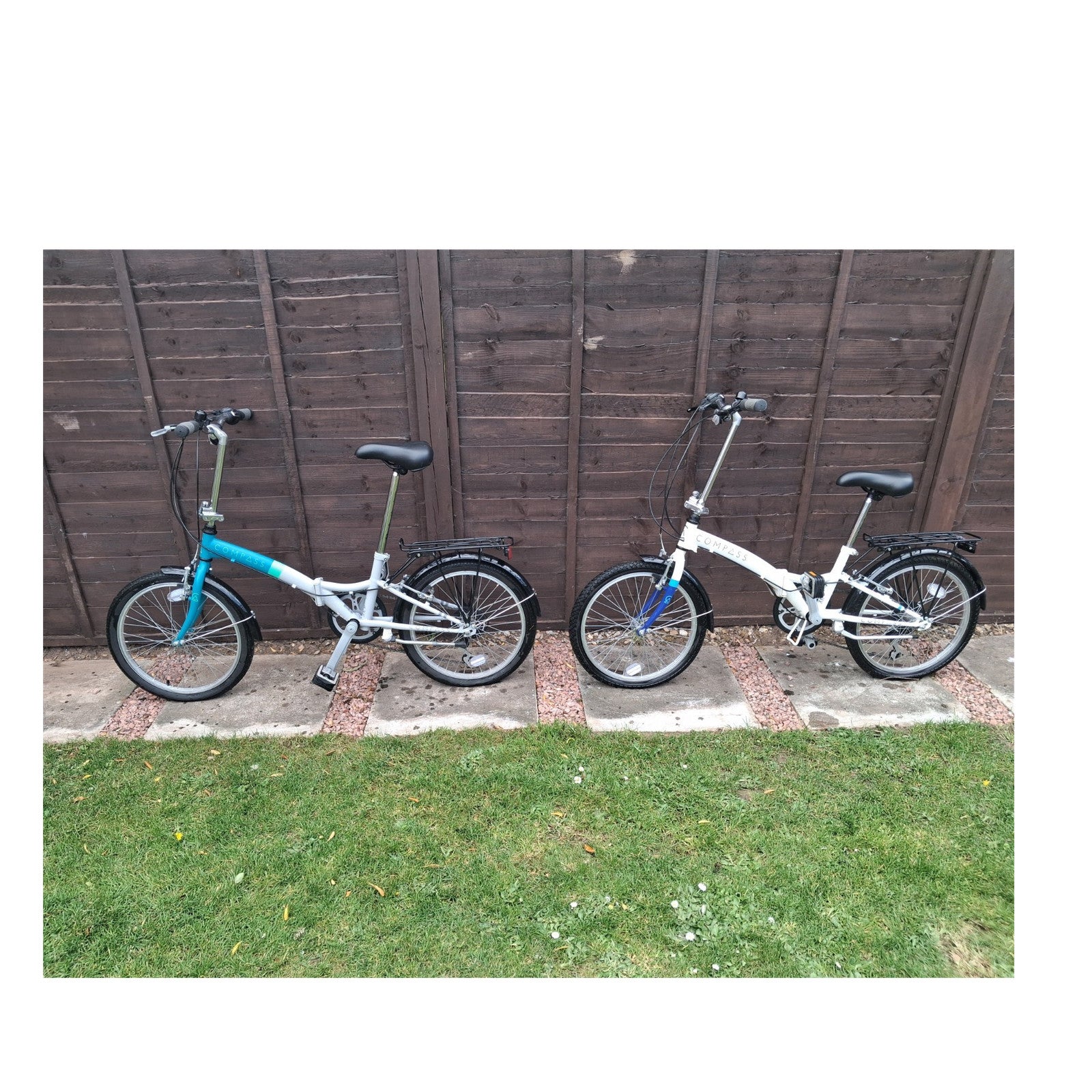 Compass Folding Bikes 20" Blue White 6 Speed Shimano V-Brake Mudguards Rack