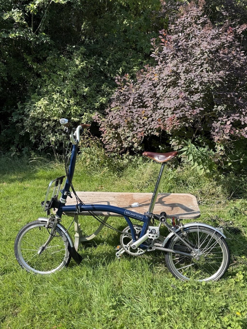 2017 Brompton Superlight folding bike H6L, Titanium, Navy Blue, Brooks Leather