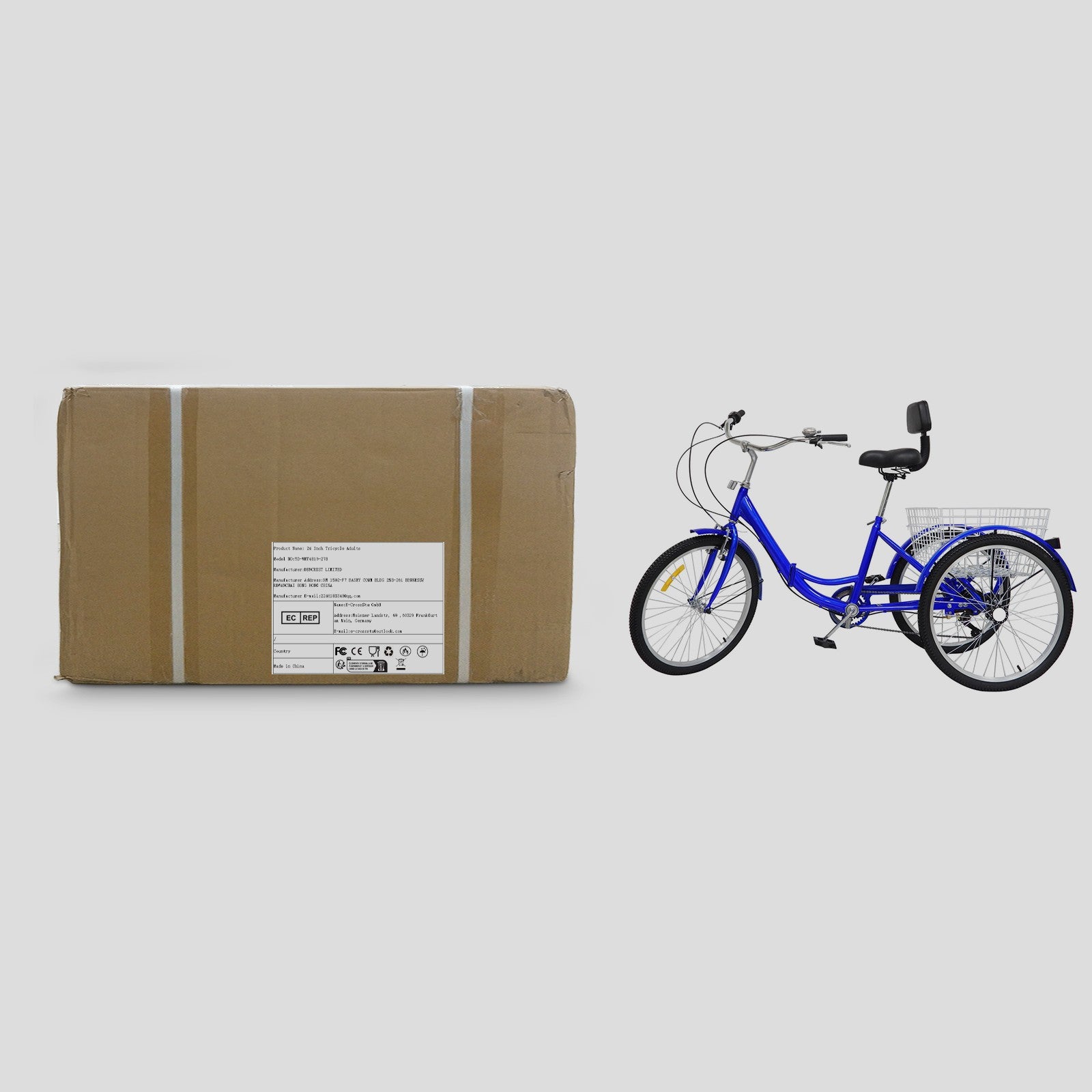 24in Blue Folding Adjustment Height Tricycle for 5.25-5.9ft Adults