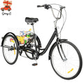 24 Inch Adult Tricycle Trike Bike 8-Speeds 3-Wheel Bicycle W/Folding Back Basket