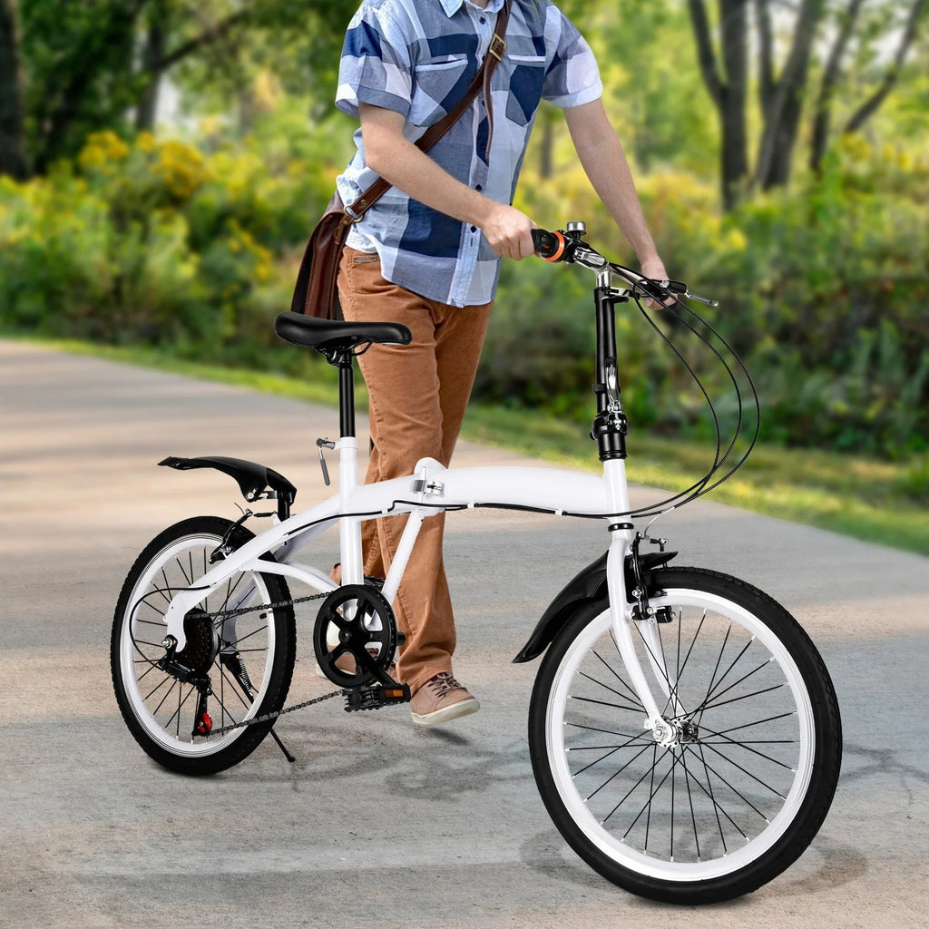 20 inch Unisex Folding Bike Adult Kids City Bike 6 Speeds V Brakes Bicycle White